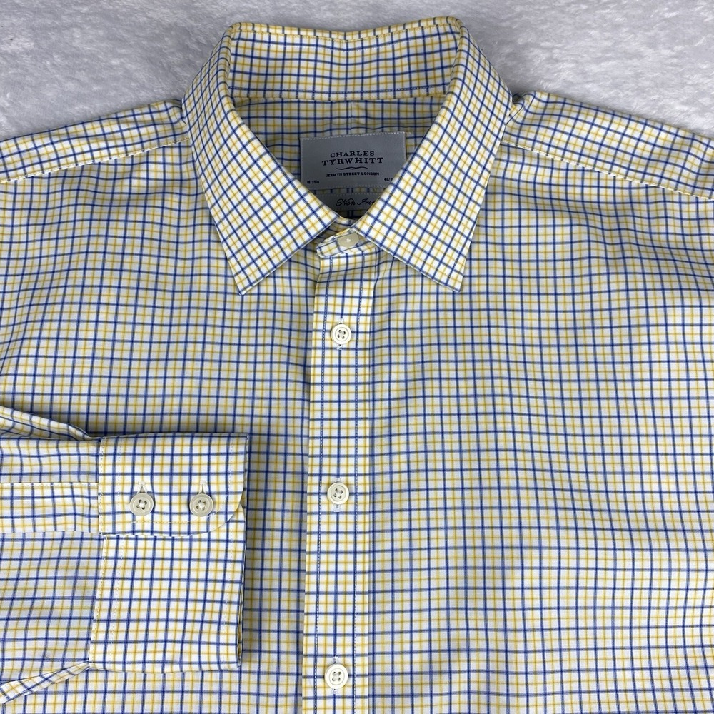 Charles Tyrwhitt Dress Shirt Mens 18-35 Blue/Yellow Checks Regular Fit No Iron
